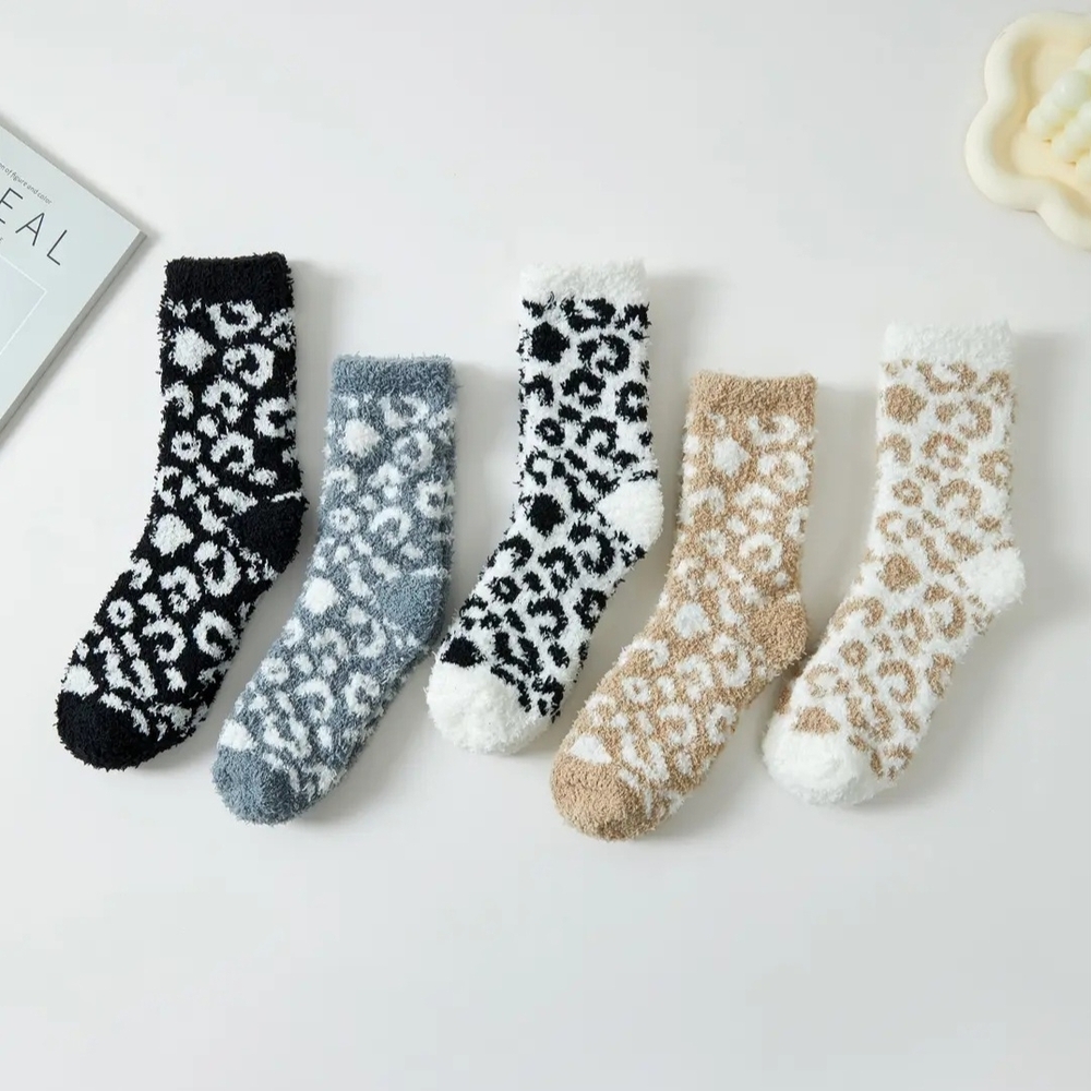 Leopard Print Fuzzy Socks Set